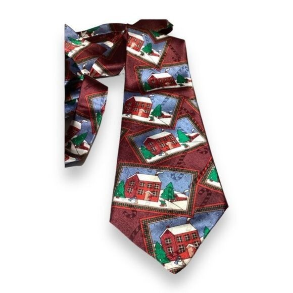 VTG Hallmark Mens Yule Tie Greetings Holiday Scenic Patchwork Necktie - Picture 2 of 5